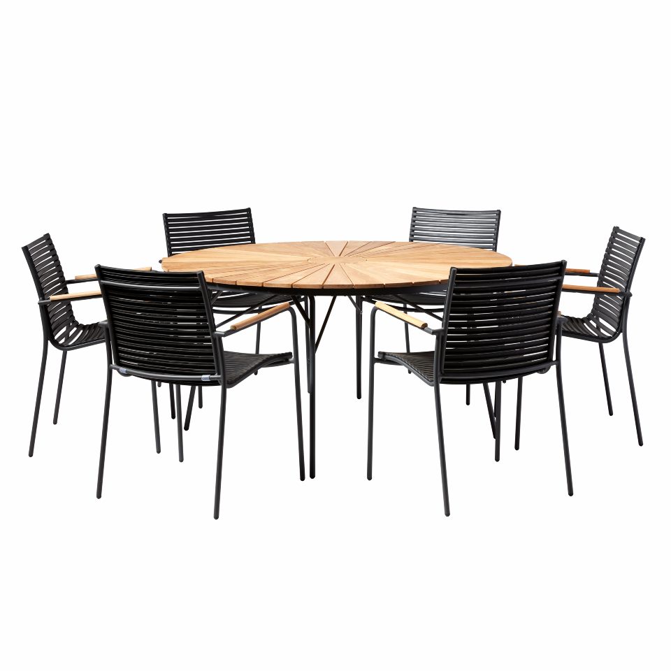 Elegant rundt teakbord med antracit stel til haven