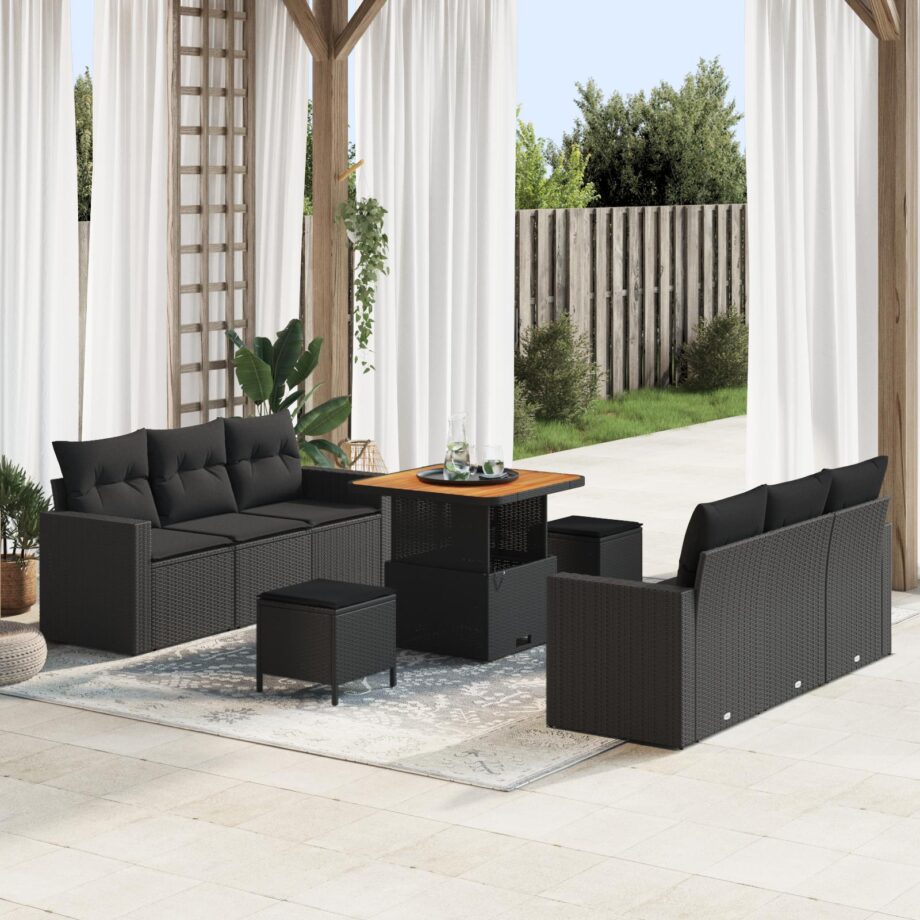 Elegant Sort Udeliv Sofa Sæt med Puder - Perfekt til Terrassen