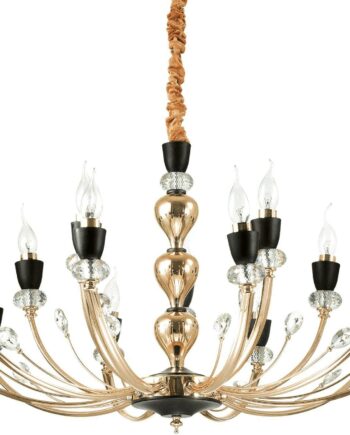 Guld Pendel Lampe Ideal Lux Vanity Gyldent Metalstel Sorte Detaljer Krystaller Ø88 Justerbar Højde - Ideal Lux Luxliving  - 8021696206639